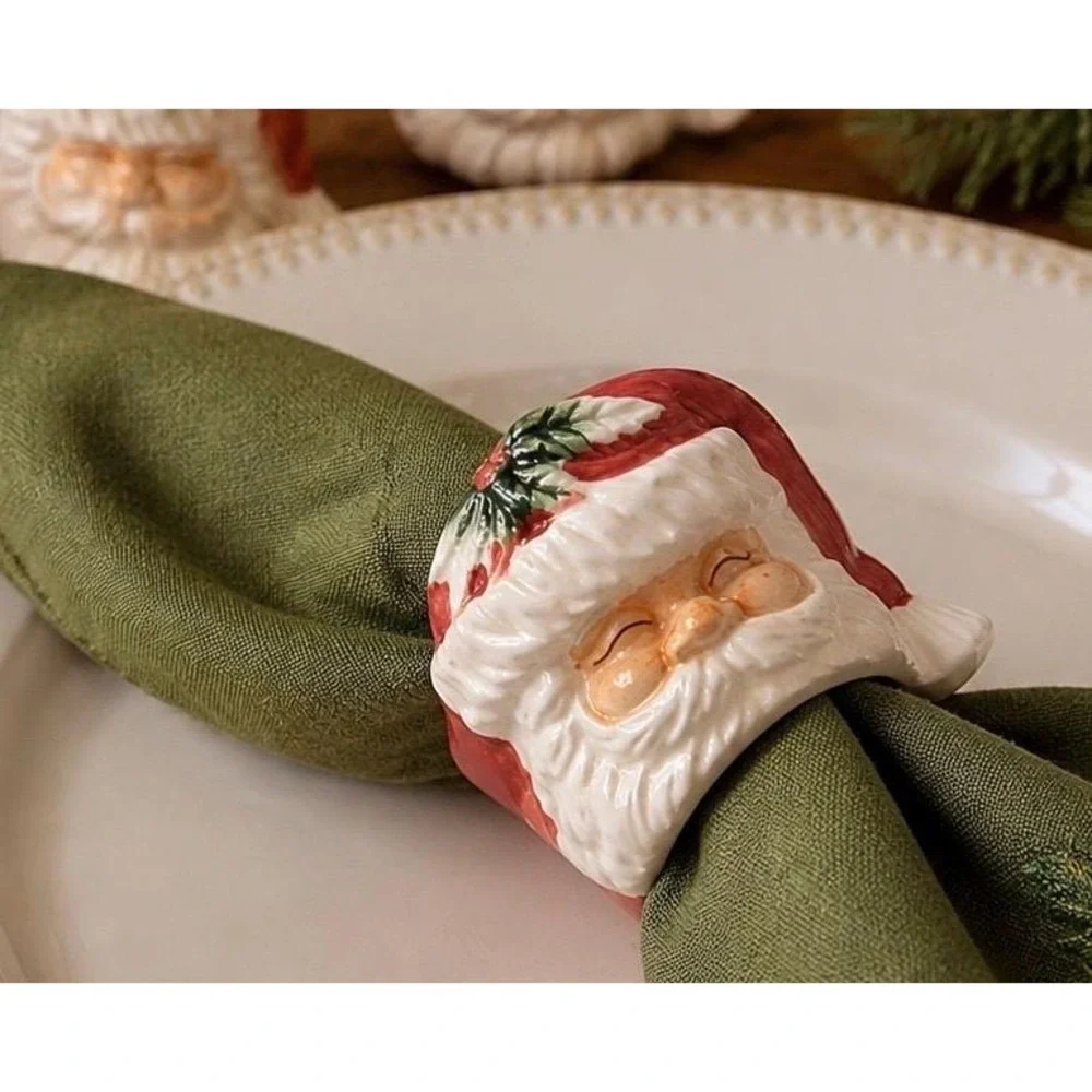 Vintage Ceramic Santa Head Napkin Rings Set of 6 Christmas Holiday Table